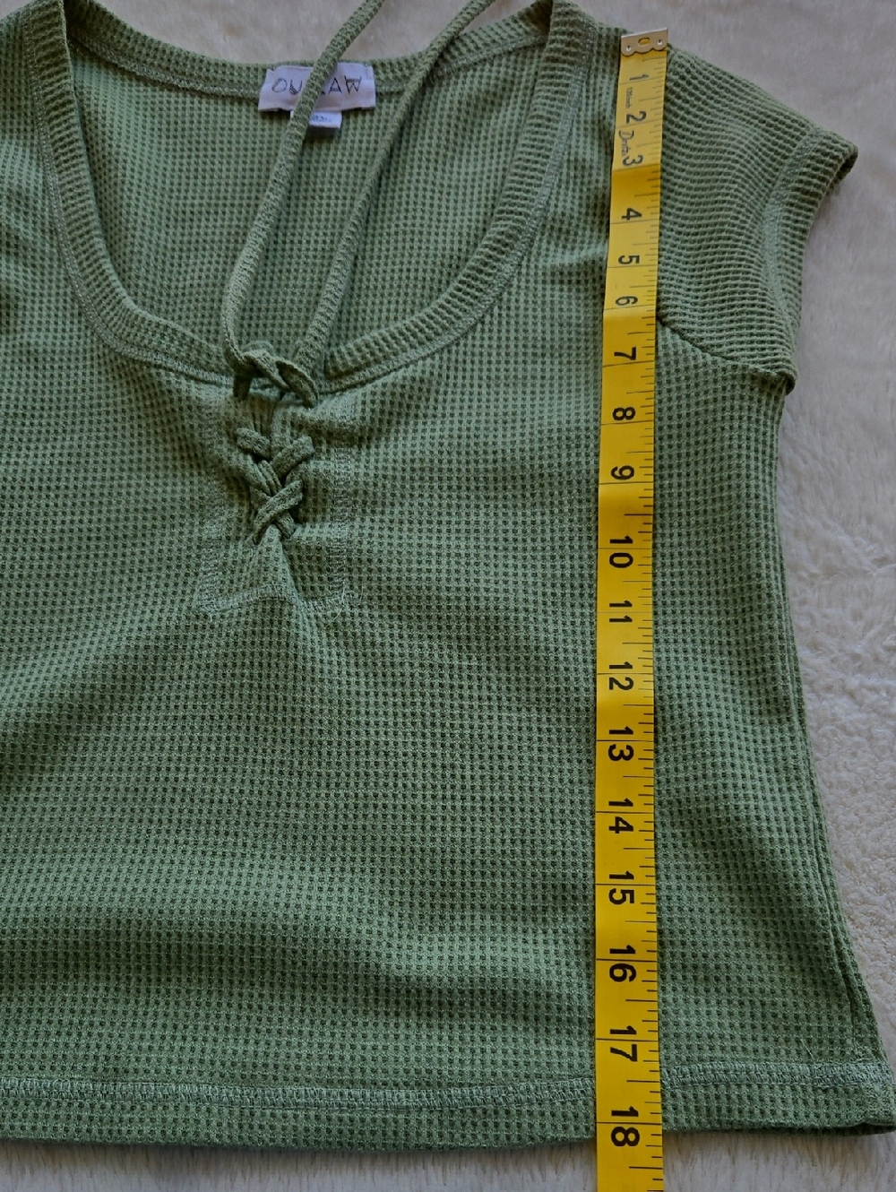 OUTLAW Sage Green Waffle Knit Lace Up Crop Top L - Picture 5 of 10